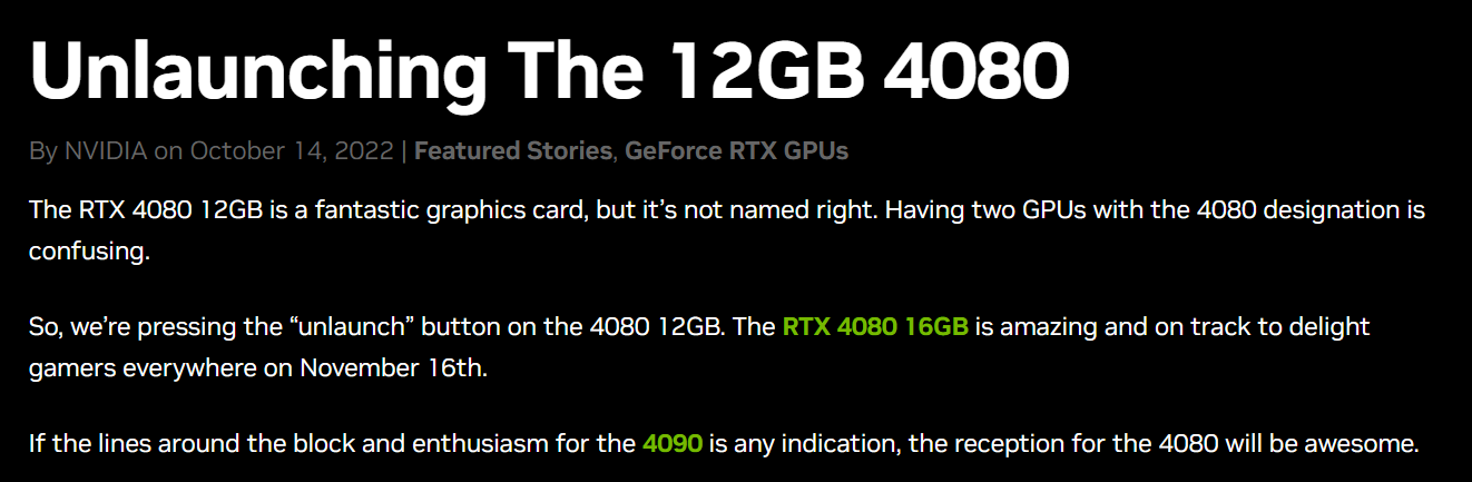 英伟达官方打脸，上个月还说 RTX 4080 12G 是一款优秀的 80 级 GPU